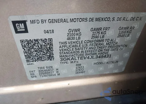 2018 GMC Terrain Sle из США, поврежденный, VIN 3GKALTEV4JL345431